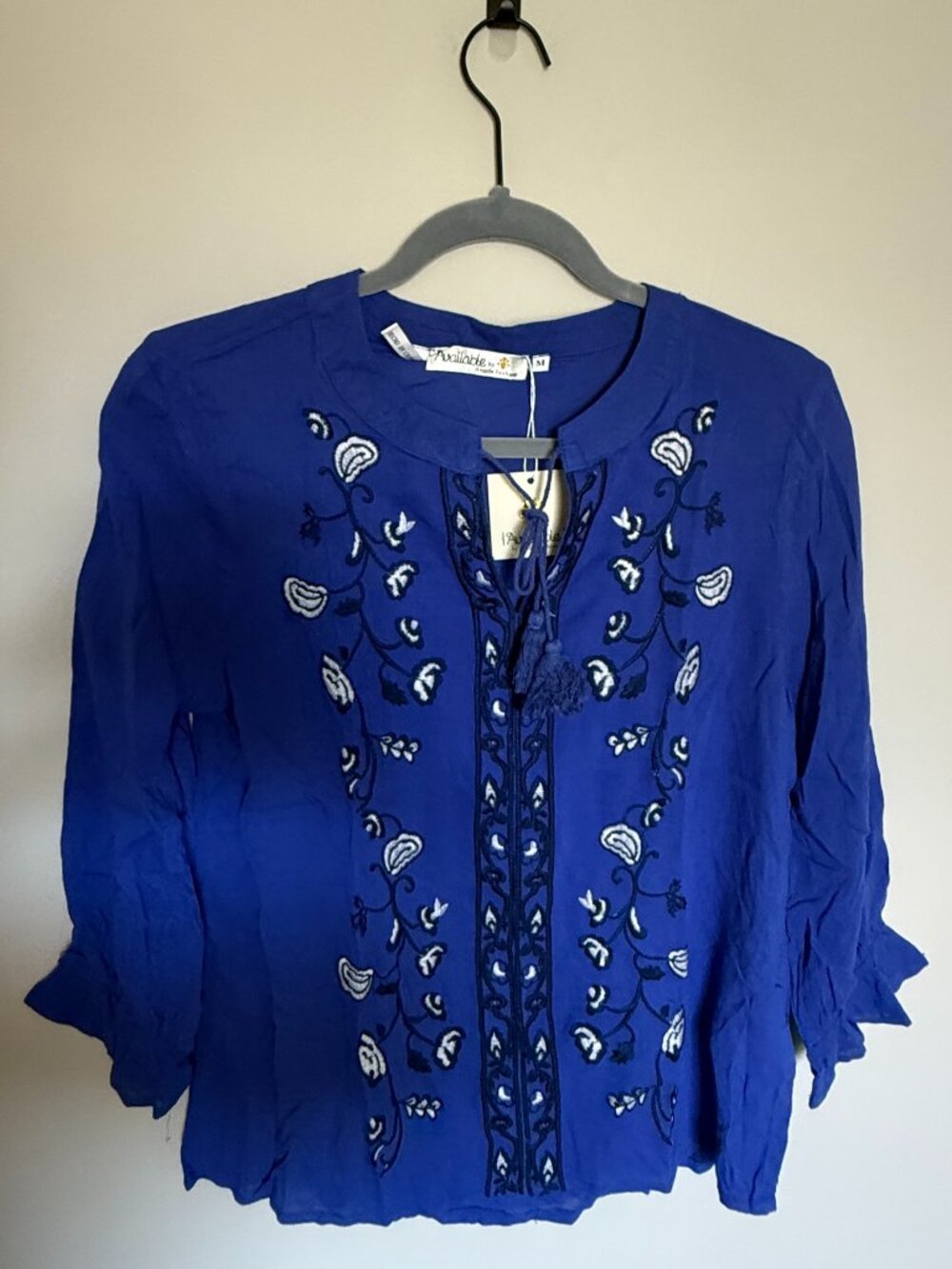 Available by Angela Fashion Royal Blue Embroidered Boho Blouse NWT